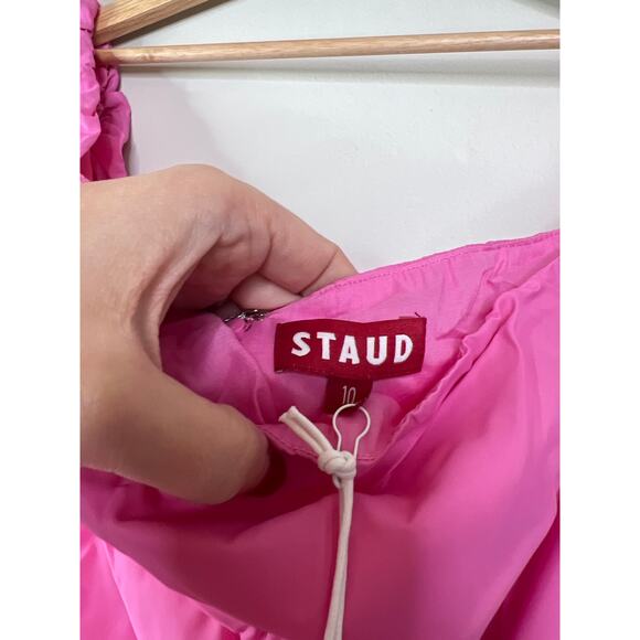 NWT Staud Ash Off Shoulder Gathered Shell Puff Sleeve Self-Tie Mini Dress Pink - Picture 5 of 7